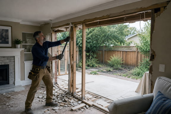Mark removing a wall during a living room expansion and whole-home remodeling project