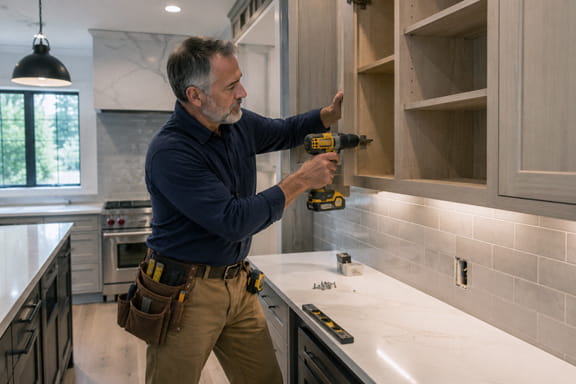 Mark installing custom kitchen cabinets during a residential remodeling project