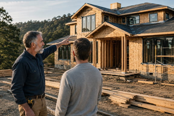 Precision Building owner reviewing a custom home construction project with a homeowner in the East Bay